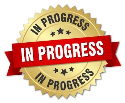 In progress 3d gold badge with red ribbon Stock Illustration