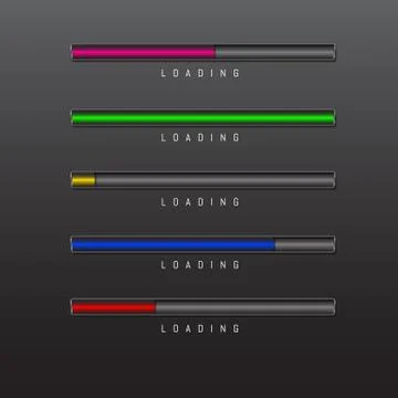 Progress bar and loading different colors on black background vector. Stockillustratie