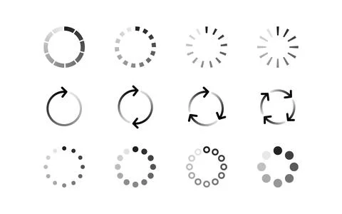 Progress bar and loading icon set with circular, arrow, and dots. Circle lo.. Stock Illustration