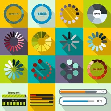 Progress bar and loading icons set, flat style Illustrazione stock