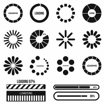 Progress bar and loading icons set in simple style 스톡 일러스트