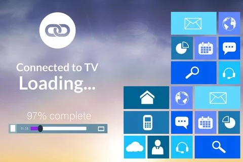 Progress bar and text with various icons on device screen Stock Illustration