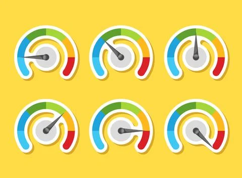 Progress bar with arrow sticker icon set collection in flat style. Meter ga.. Stock Illustration