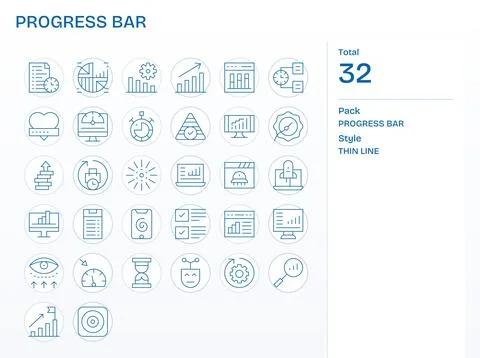 Progress Bar Digital Vector Pack containing 32 Pixel Aligned Thin Line High.. Stock Illustration