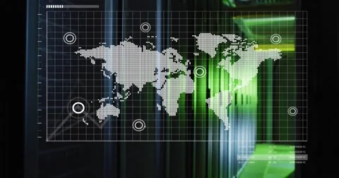 Progress bar filling, HUD overlay animating line chart rising over dotted world Stock Footage 320652058