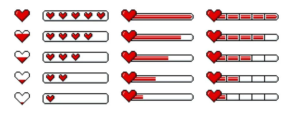 Progress bar game menu with heart symbol pixel art vector set, retro 8 bit level Stock Illustration