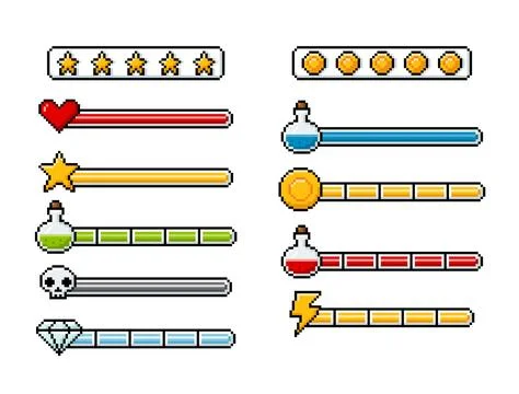 Progress bar game menu items pixel art Y2K vector set, retro level scales for ui Stock Illustration