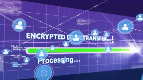 Progress bar showing encrypted data transfer, user icons floating over Stock Footage 309286064