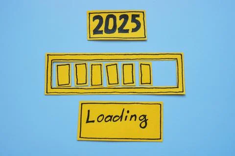 A progress bar with the word loading and the year 2025. Stock Photos