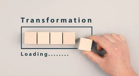 Progress bar with the words transformation loading, upgrade and improve co... Stock Photos