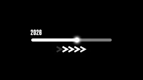 Progress bar with year 2026 and forward arrows on black background future a.. Stock Footage 340998293