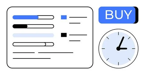 Progress Bars alongside Clock and Buy Button Indicate E-Commerce Purchasing.. Stock Illustration
