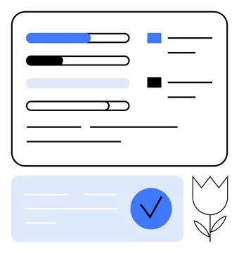 Progress Bars and Checkmark Inside Digital Interface with Tulip Icon Repres.. Stock Illustration