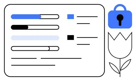 Progress Bars with Data List and Security Icon Next to a Flower Stock Illustration