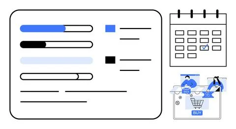 Progress bars, task list, calendar with checkmark, and e-commerce shopping ca Stock Illustration