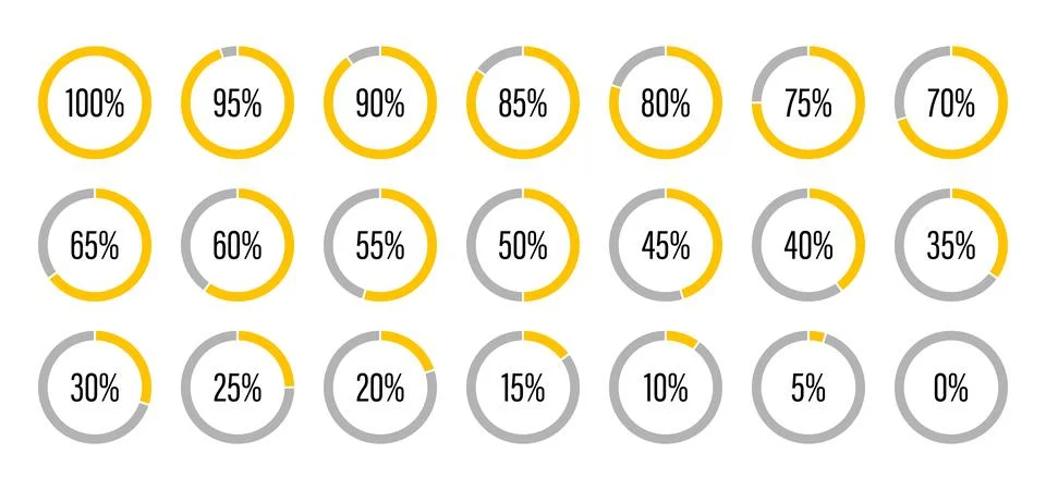 Progress bars. Template of yellow and gray color fill pie charts indicator イラスト素材