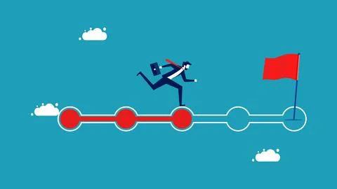Progress from the beginning to success. Development. Businessmen run to succe Illustrazione stock