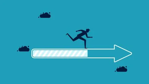 Progress from the beginning to success. Development. Businessmen run to succe Illustrazione stock