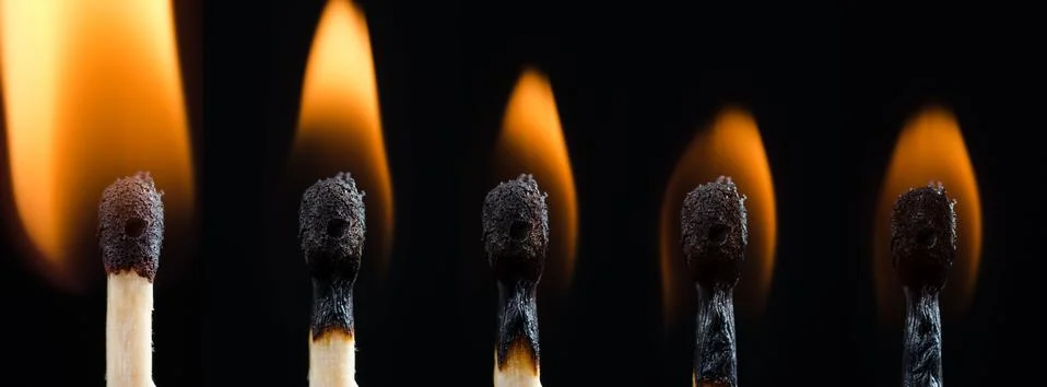 Progress burning match in time, isolated on black backgorund. Foto stock