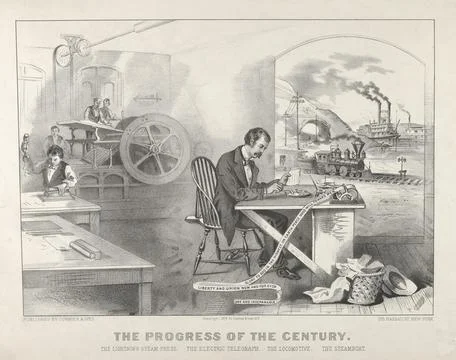 The Progress of the Century  The Lightning Steam Press. The Electric Telegr.. Stock Photos