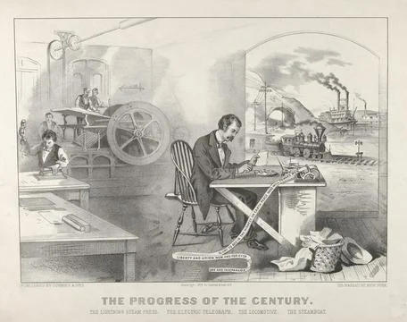 The Progress of the Century  The Lightning Steam Press. The Electric Telegr.. Stock Photos