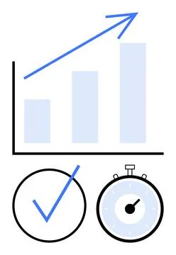 Progress Chart with Upward Arrow, Check Mark Symbol, and Stopwatch Represen.. Stock Illustration
