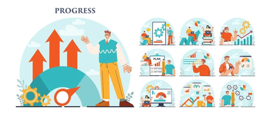 Progress concept set. Business or personal development. Idea of finance Illustrazione stock