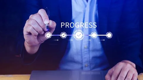 Progress concept, touching to tick correct mark in checklist with progressi.. Stock Photos