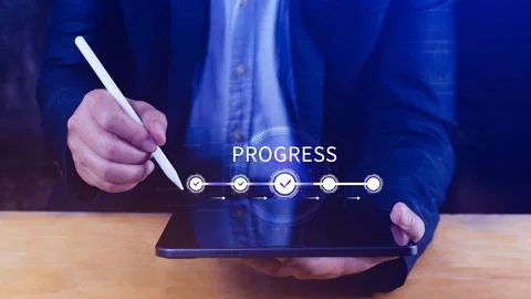 Progress concept, touching to tick correct mark in checklist with progressi.. Stock Photos