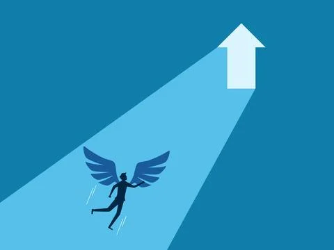 To progress in the future. Businessman flies to the arrow gate 스톡 일러스트