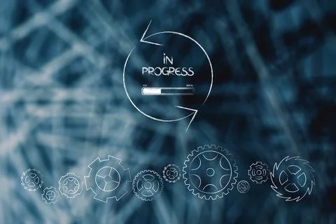In Progress icon with arrows moving in circle and progress bar over gearwheel Stock Photos