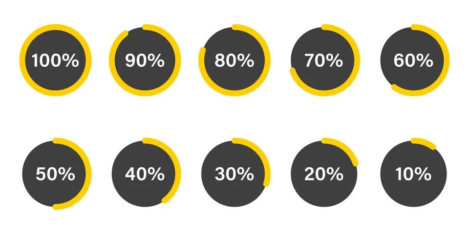 Progress indicator started 10 finished 100 percent icon in flat style. Char.. Stock Illustration