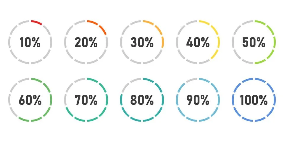 Progress indicator started 10 finished 100 percent icon in flat style. Char.. Stock Illustration