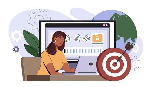 Progress indicator at work. Woman with computer near progress bar. Employee Illustrazione stock