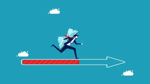 Progress in learning. a businessman with a book running on an arrow pointing  Illustrazione stock