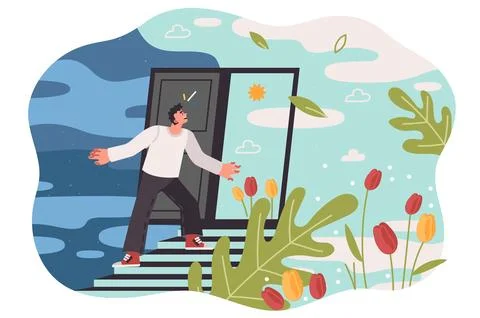 Progress for man getting out of cloudy place and entering through door into area Stock Illustration