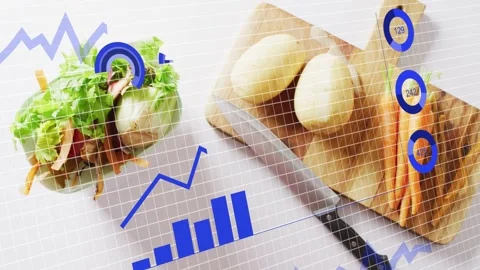 Progress marker appearing, blue infographic animating over board food, showing Stock Footage 332981334