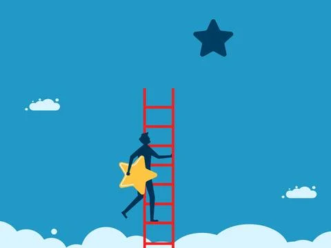 Progress to the next level. man with stars climbing up the stairs Illustrazione stock