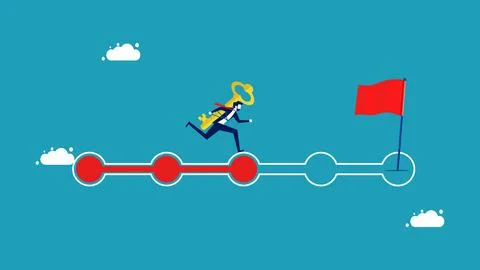 Progress or unlock missions. determined businessman runs on the progress bar  Illustrazione stock