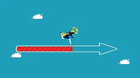 Progress or unlock missions. determined businesswoman runs on the progress ba Stock Illustration