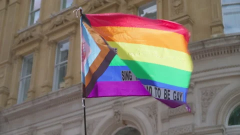 Progress Pride Flag Closeup at Pride in London LGBTQ Parade Stockbeeldmateriaal 200688384