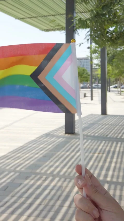 Progress pride flag. Female hand holding LGBT Flag. Stock Footage 205443802