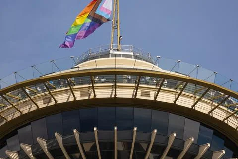 Progress Pride flag flying above the Space Needle observation deck Stock-Fotos