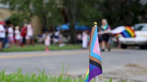 Progress Pride Flag in the Grass Along the Jacksonville Pride Parade Stock Footage 346920036
