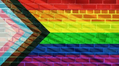 Progress Pride Flag projected on a sunny brick wall background Stock Illustration