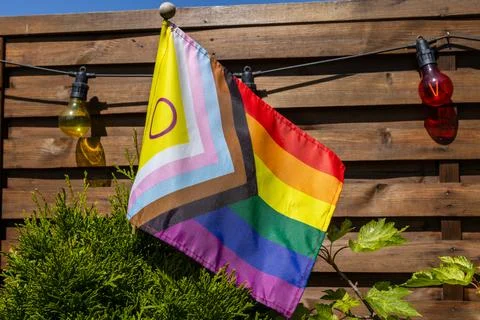 Progress Pride Flag waving in the garden, attached to a wooden fence with c.. Stock Photos
