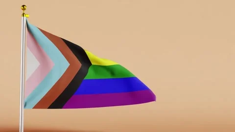 Progress pride flag waving on pole against solid yellow background. Fabric Stock Footage 311436077