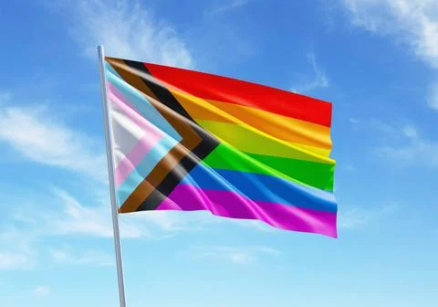 Progress Pride rainbow flag waving in a blue sky background for LGBTQIA+ Pr.. Stock Illustration