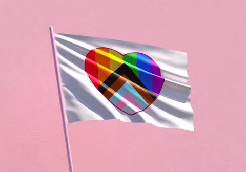 Progress Pride rainbow heart flag waving on a pink wall background for LGBT.. Stock Photos