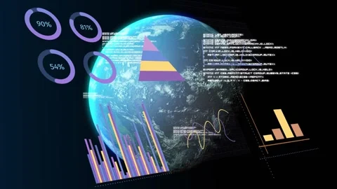 Progress rings fading in, starting globe rotating, HUD panels sliding and Stock Footage 335211736